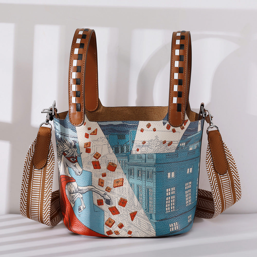 Printed Basket Leather Tote