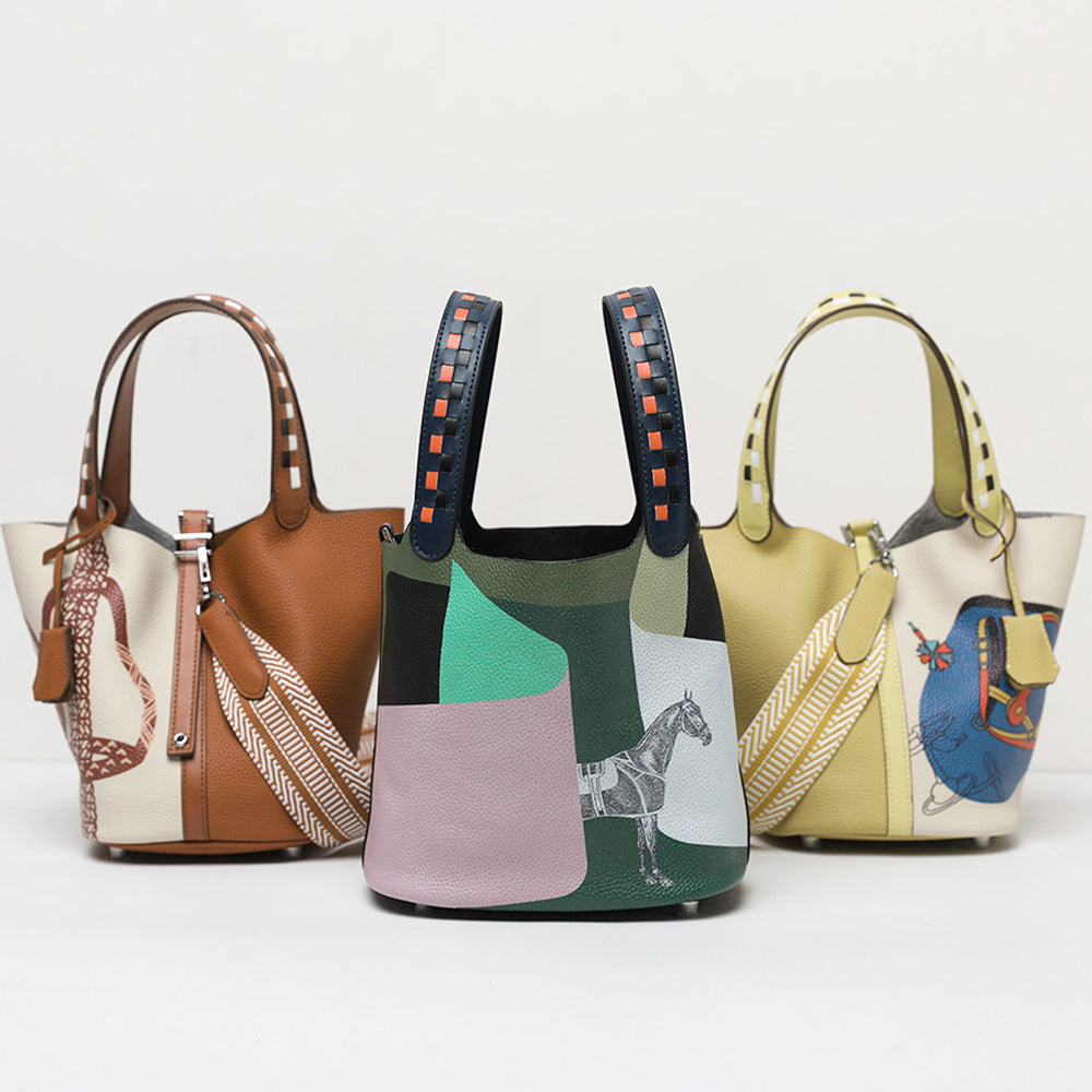 Printed Basket Leather Tote